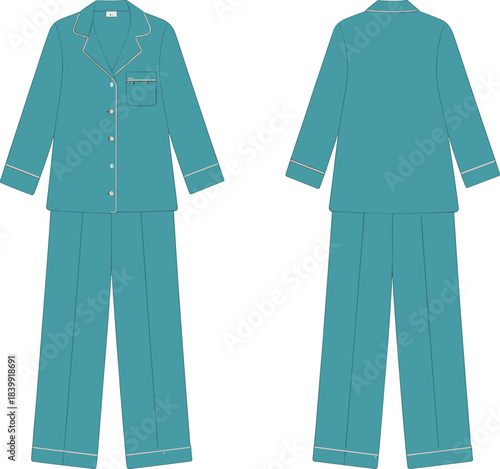 Pajama set flat sketch, front and back view, fashion technical drawing, sleepwear design template, cozy loungewear, button shirt, long pants, vector illustration