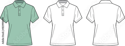Polo shirt fashion design template, front and back views, short sleeve garment sketch, clothing vector illustration, apparel blueprint, technical drawing for designers