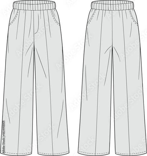 Wide leg pants front back CAD drawing flat vector illustration, fashion technical sketch, elastic waistband, pockets, comfortable loose fit design template