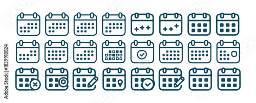 Set of calendar icons featuring various symbols like plus, check, cross, and settings