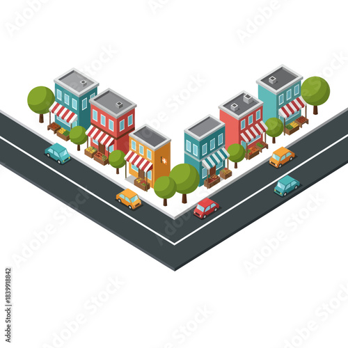 Isometric View of a Charming Town Street with Shops and Cars.