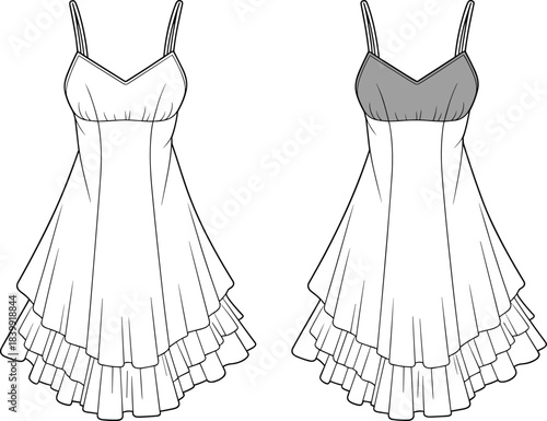Women’s layered ruffle dress fashion flat sketch with spaghetti straps and fitted bodice, cad drawing flat vector illustration template