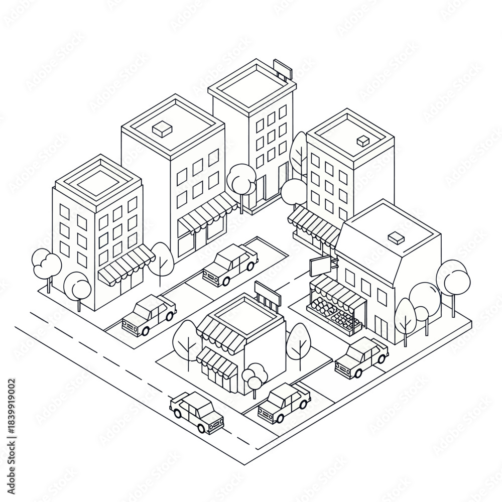 Fototapeta premium Isometric view of a city block with buildings and cars.