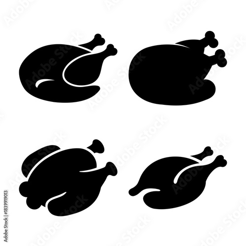 Roasted chicken or turkey whole bird silhouette icon collection