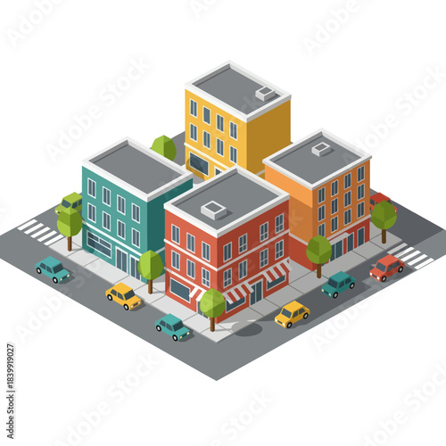 Isometric City Block with Buildings, Roads, and Cars.