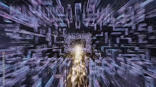 Abstract Digital Tunnel with Bright Light Bursting Through, Futuristic Data Flow and Cybernetic Network.