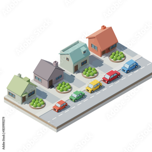 Isometric Low Poly Neighborhood with Houses and Cars on a Street.