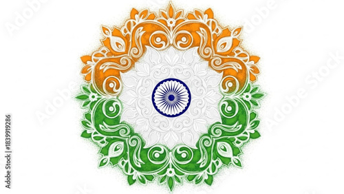 Indian Flag Emblem: A vibrant and intricate emblem representing the Indian flag, a symbol of national pride and unity, adorned with elaborate floral patterns and the iconic chakra.