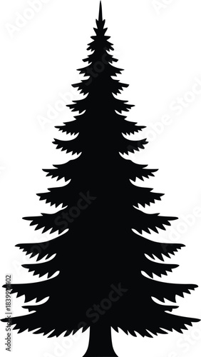 Black silhouette of a tall pine tree with layered branches