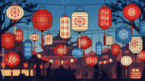 Lanterns Amidst Tradition: The vibrant lanterns illuminate a scene of cultural celebration, casting a warm glow over traditional structures, and the presence of people. Evoking a sense of unity.
