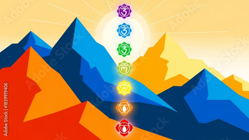 Chakra Harmony: An artistic rendition of the seven chakras aligned amidst majestic mountains, symbolizing balance, spiritual growth, and inner peace. 