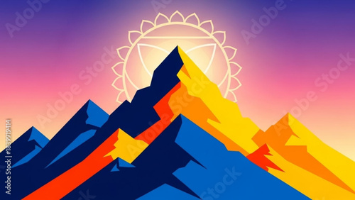 Majestic Peaks and Sacred Radiance: The powerful image showcases snow-capped peaks rising towards a vibrant sky, symbolizing a journey towards enlightenment, spiritual growth.