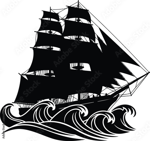 Black silhouette of a tall ship sailing on rough waves