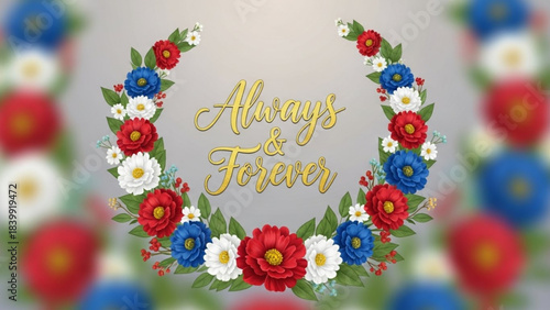 Floral Wreath of Endearment: An exquisite floral wreath, artfully composed of vibrant red, blue, and white flowers, gracefully encircles the elegant script Always & Forever.