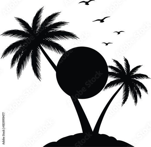 Black silhouette of palm trees and birds against white background