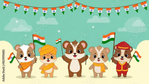 Celebratory Hamster with the National Flag: Five charming hamsters proudly wave national flags under a festive banner, against a backdrop of pastel sky and soft clouds.