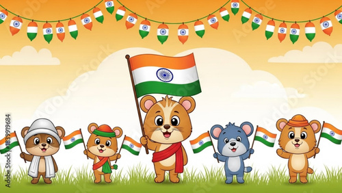 Celebration of Patriotism: Adorable cartoon bear characters united in a vibrant display of patriotism, waving the national flag in a jubilant celebration.
