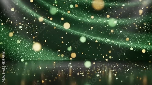 Abstract Green Glittering Particles and Bokeh Lights on Reflective Surface.