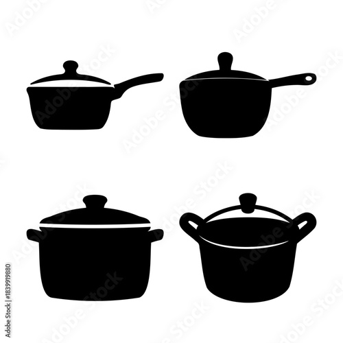 Various cooking pots and pans, kitchen utensils vector icon set