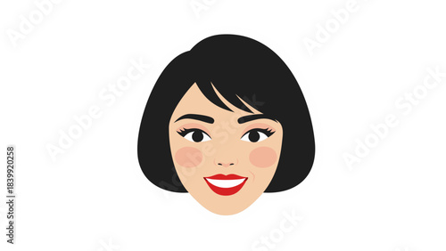 Stylized Portrait of a Smiling Woman with Short Black Hair and Red Lipstick Against a Black Background Featuring Subtle Blush and Expressive Eyes