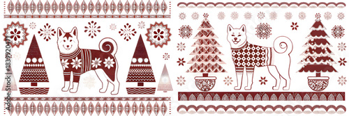 Ancient Egyptian symbols and Greek art decorate a winter holiday card vector illustration pattern featuring snow and a Christmas tree star