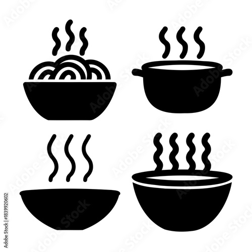 Hot food steam icons set. cooking and warm meal pictograms