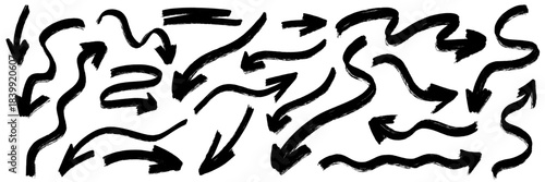 Grunge arrow set with bold brush strokes and raw marker lines. Hand-drawn arrow shapes, gritty brush texture, expressive marker touches and messy paint scribble energy.