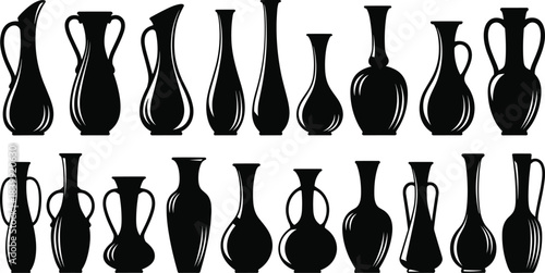 Antique Pottery Silhouette Set, Elegant Black Outline of Ancient Greek Vases, Ceramics, Pitchers, and Amphorae for History, Museum, and Decor Design