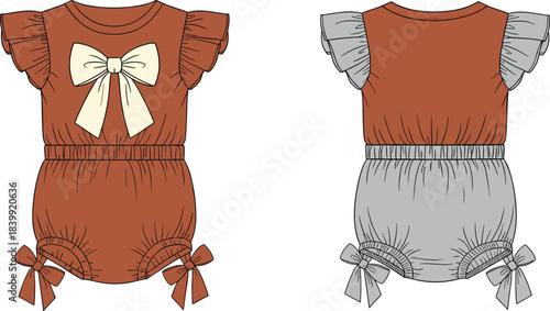 Baby girl's cute ruffle-sleeve romper flat technical drawing vector illustration, with front bow detail and elastic leg openings, apparel template for clothing desig
