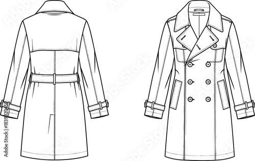 Classic Men's Double-Breasted Trench Coat Technical Drawing CAD Flat Vector Illustration Garment Design Template Outline Sketch Apparel Clothing Silhouette, Front and Back ViewClassic 