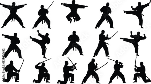 Collection of Black Karate, Ninja, and Samurai Silhouettes in Dynamic Fighting Poses, Including Sword and Katana Attacks, 