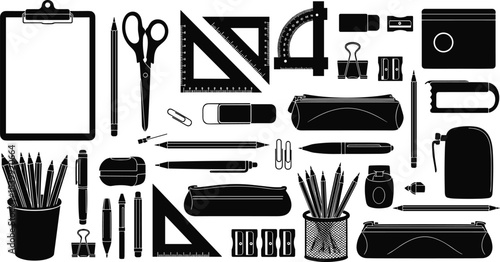 Collection of essential school and office supplies black silhouettes vector illustration, set includes clipboard, pencils, scissors, rulers, erasers, and pencil cases, isolated on a white background.