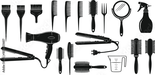 Collection of hairdressing tool silhouettes, professional salon equipment icons including combs, brushes, dryer, straightener, spray bottle and accessories, vector barbershop illustration set