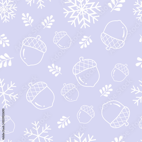 Snowflake seamless pattern with leave and acorn. Winter theme background. Can be used for wallpaper, paper wrapping and fashion fabric