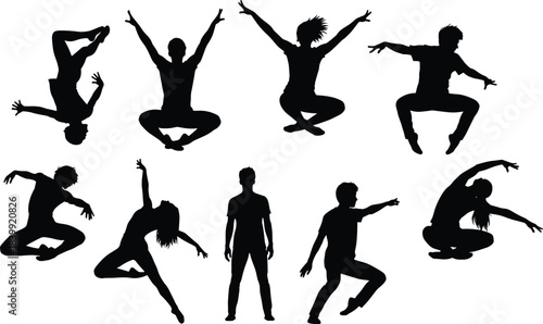 Dynamic collection of various artistic dance, gymnastic, and acrobatic figures, silhouettes performing extreme jumps, stretching, and expressive movements, perfect for fitness,