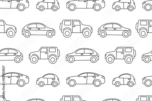 Flat cartoon vector illustration of black and white kids car pattern with modern sedans and jeeps on road, playful child theme, minimal transport mood, seamless design for children prints