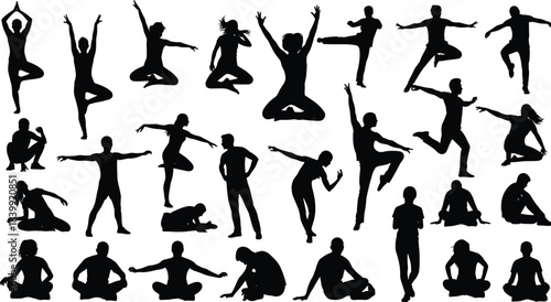 Dynamic vector set of martial arts combat silhouettes, showcasing male and female athletes in powerful, high-impact karate and taekwondo kicking and fighting defense stances.