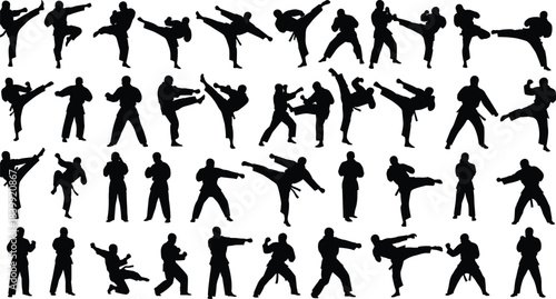 Essential gym fitness vector silhouette set: running on treadmill, push-ups, planks, crunches, lunges, and various strength training poses for workout routines and exercise concepts.