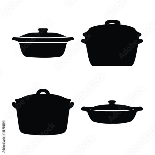 Cooking pots and casseroles black silhouette icon set vector