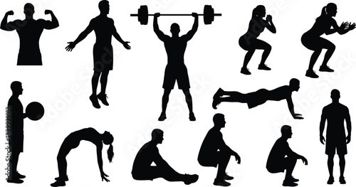 Extensive vector collection of weightlifting, bodybuilding, and fitness training silhouettes, showcasing male and female figures in squats, presses, running, stretching, and various gym workout poses.