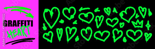 Playful heart graffiti doodles layered with free paint strokes and grafitti splatter, capturing love attitude with repeated heart motifs and heavy grafitti paint textures.