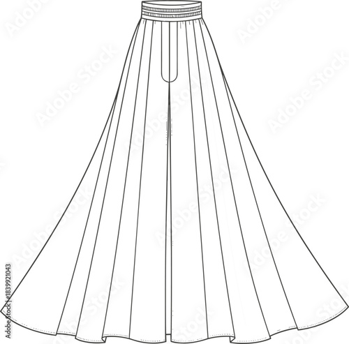 Flowing Maxi Skirt Technical CAD Drawing Flat Vector Illustration with Shirred Elastic Waistband and Front Slit, Ideal for Fashion Design, Garment Manufacturing, and Pattern Making.