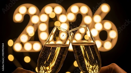 Celebrating the new year 2026 with champagne toast and festive bokeh lights