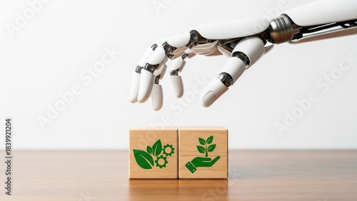 Robotic hand interacting with wooden blocks symbolizing green technology and sustainability