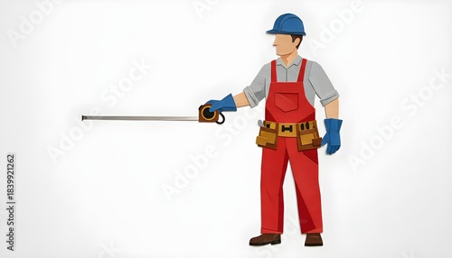 Paper Cutout Construction Worker Measuring, Craft Illustration of Man with Tape Measure, Builder with Tool Belt Paper Art