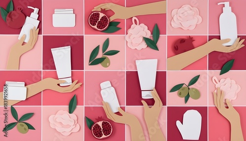Seamless Paper Craft Skincare Pattern, Red and Pink Grid Beauty Product Art, Handmade Olive and Pomegranate Cosmetics