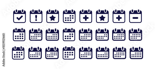 Set of calendar icons with check mark, exclamation, star, plus, and minus symbols