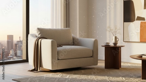 Modern interior living room with armchair and city view