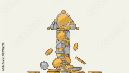 Dynamic illustration of a towering stack of gold and silver coins forming an upward-pointing arrow, symbolizing financial growth, successful investment, and increasing wealth potential