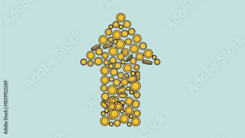 An upward-pointing arrow formed by a multitude of golden coins against a muted blue background, symbolizing financial growth and investment